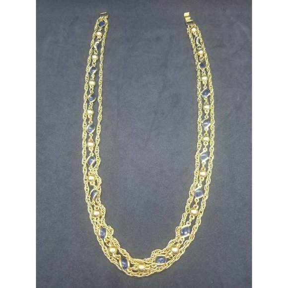 Vintage Triple Strand Necklace Gold Tone Chain Blue and Gold Stations 24" - Picture 6 of 7